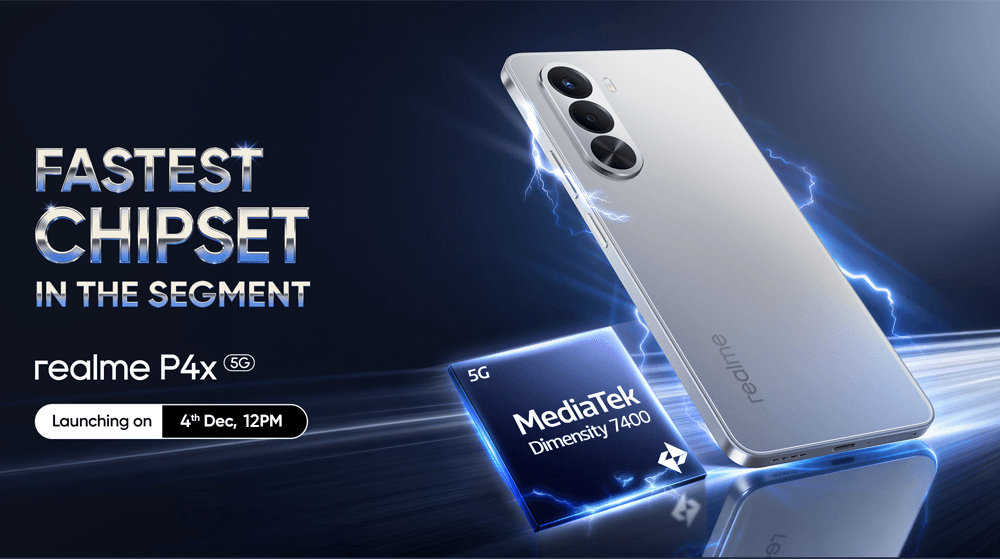 Realme P4x 5G with Dimensity 7400 chipset showcased with launch date and lightning graphics.