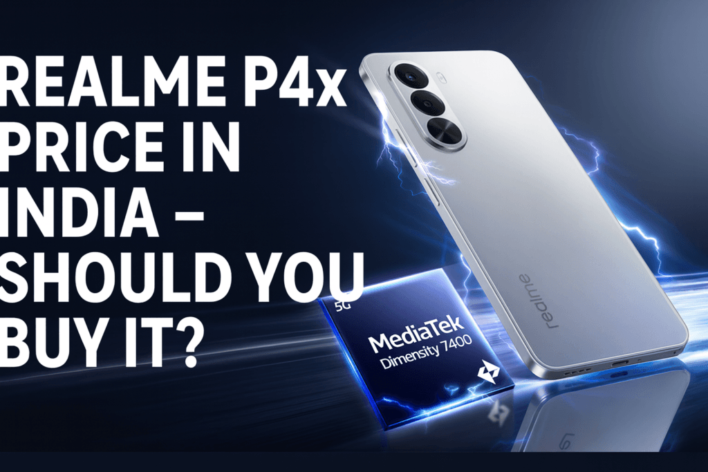 Realme P4x Price in India blog post with bold title and smartphone graphic.