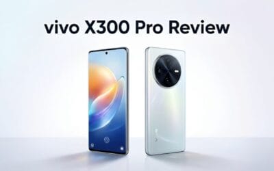 Vivo X300 Pro front and back view with the title Vivo X300 Pro Review on a light background.