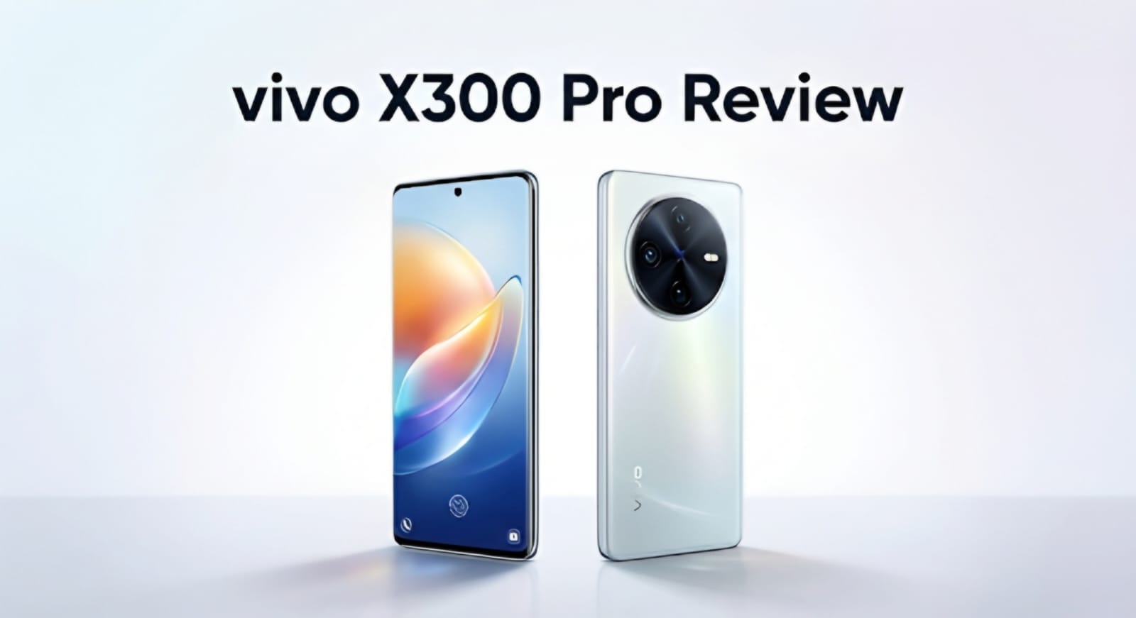 Vivo X300 Pro front and back view with the title Vivo X300 Pro Review on a light background.