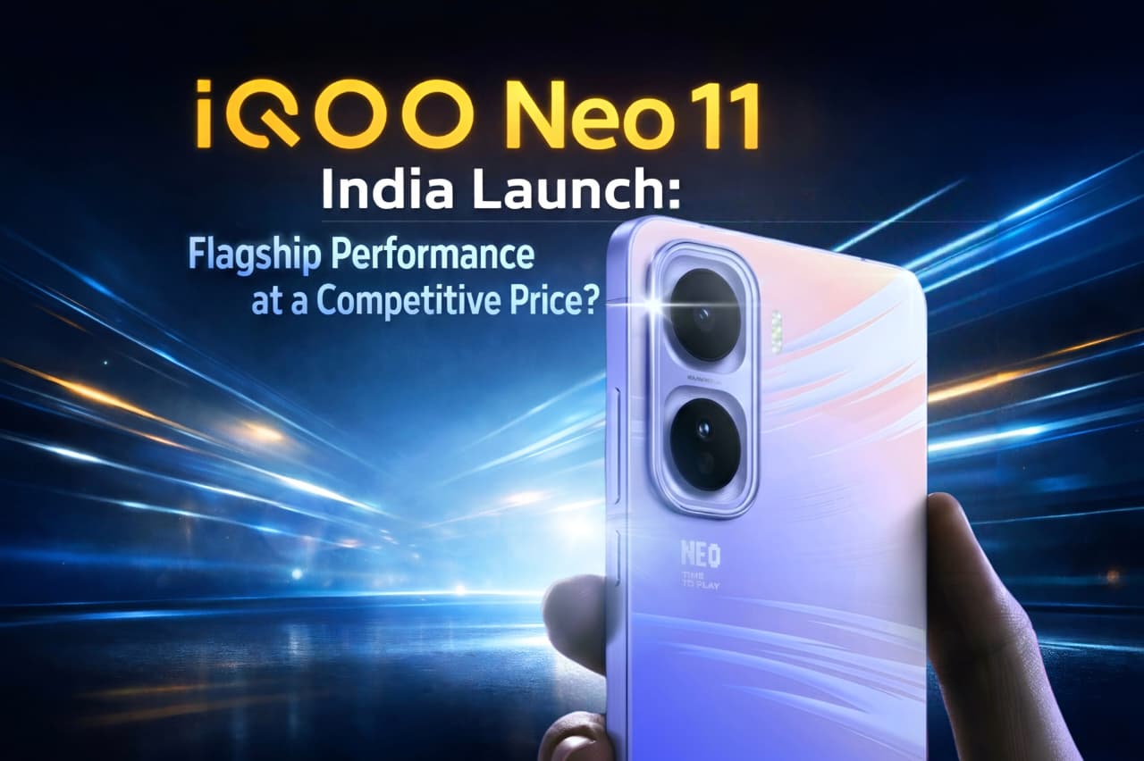 iQOO Neo 11 smartphone front and back design with India launch announcement and high-performance display