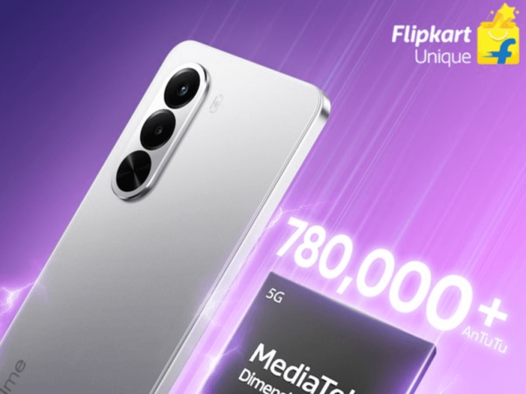 Realme P4x 5G showing rear camera module with 780,000+ AnTuTu performance score banner.