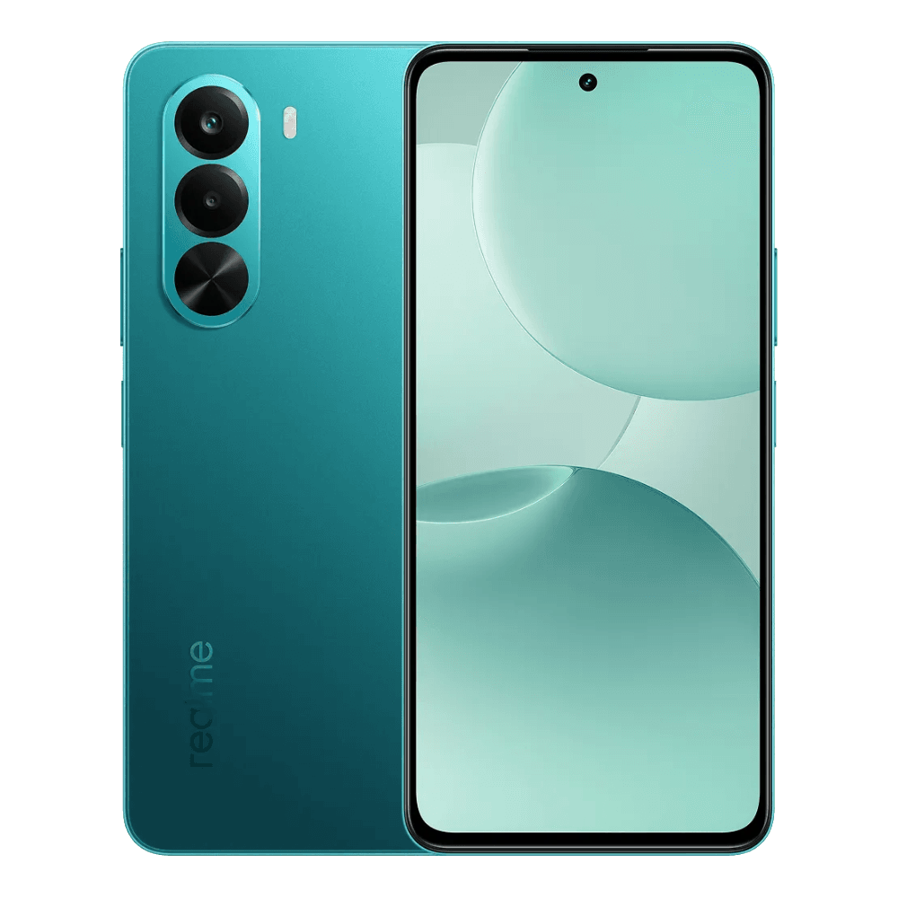 Realme P4x 5G in green with front display and rear triple-camera system.
