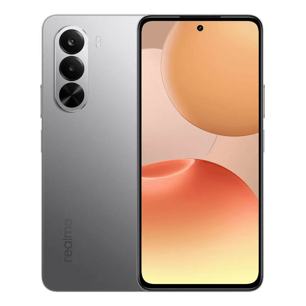 Realme P4x 5G in grey showing front display and rear triple-camera layout.