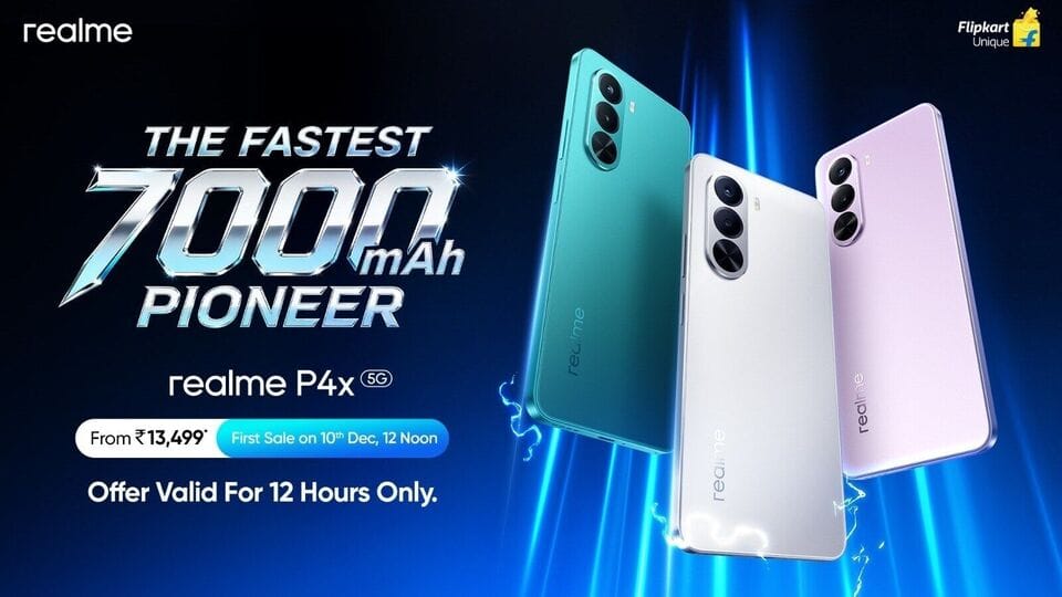 Realme P4x 5G lineup in three colors with 7000mAh battery promotion and sale price details.