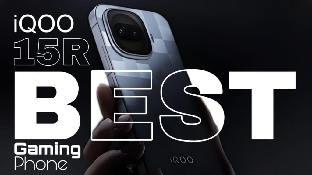 Back view of iQOO 15R smartphone showcasing its dual camera module and 144Hz AMOLED display design.