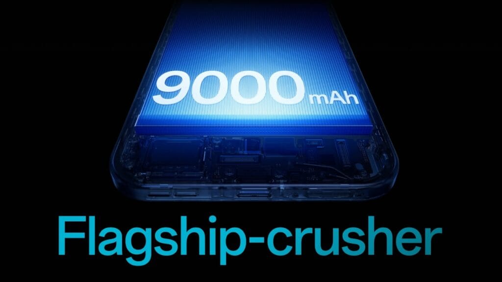 Large smartphone battery graphic representing 9000mAh capacity in OnePlus Nord 6