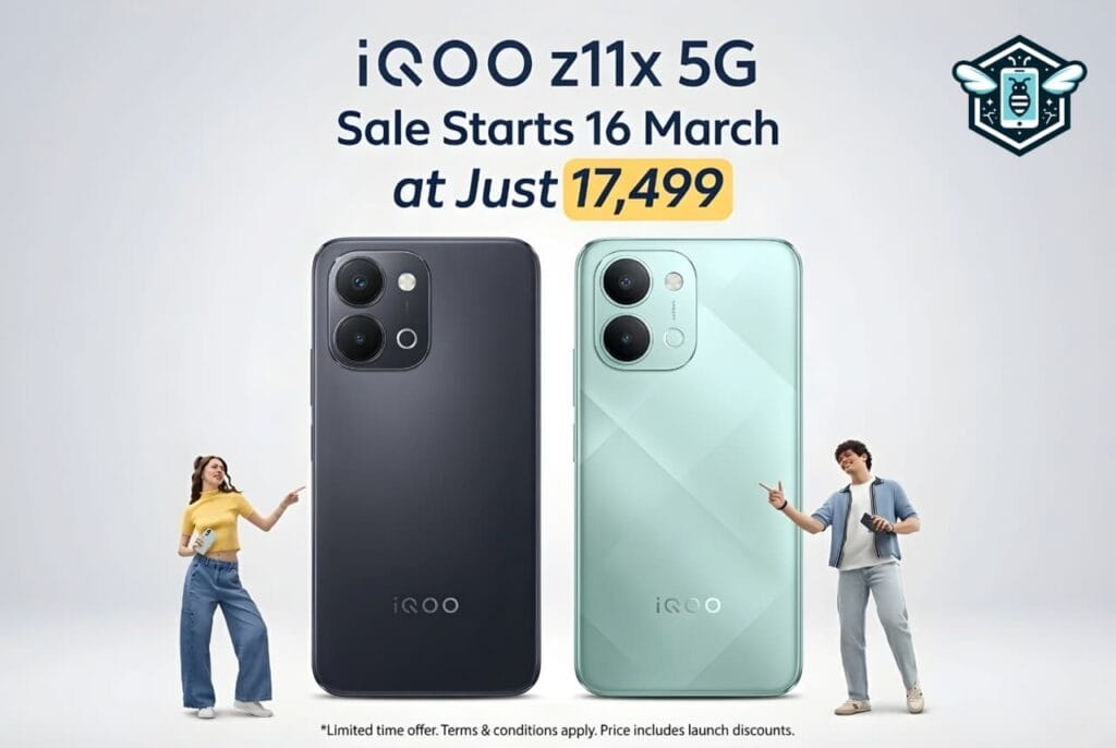 iQOO Z11x 5G smartphone hero image highlighting Amazon sale starting March 16 with ₹17,499 launch price and key specifications.