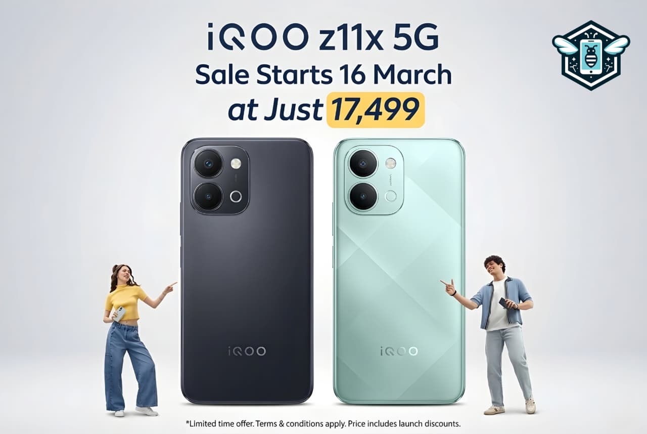 iQOO Z11x 5G smartphone hero image highlighting Amazon sale starting March 16 with ₹17,499 launch price and key specifications.