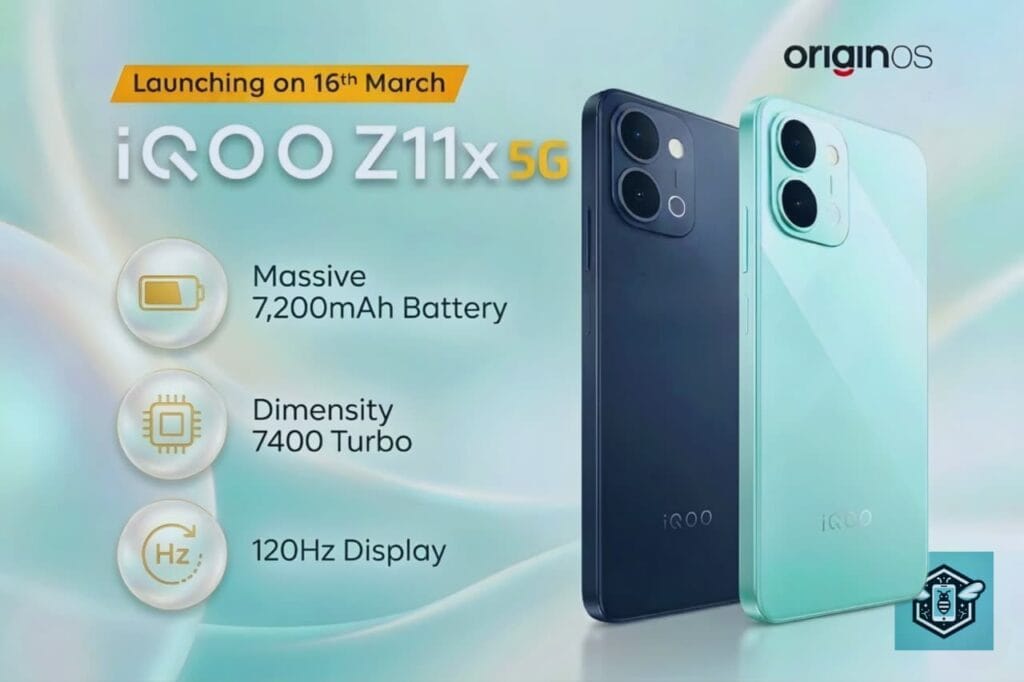 Front and rear design of the iQOO Z11x 5G smartphone showing its display and camera module.