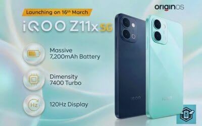 Front and rear design of the iQOO Z11x 5G smartphone showing its display and camera module.