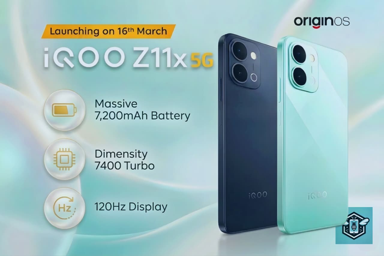 Front and rear design of the iQOO Z11x 5G smartphone showing its display and camera module.